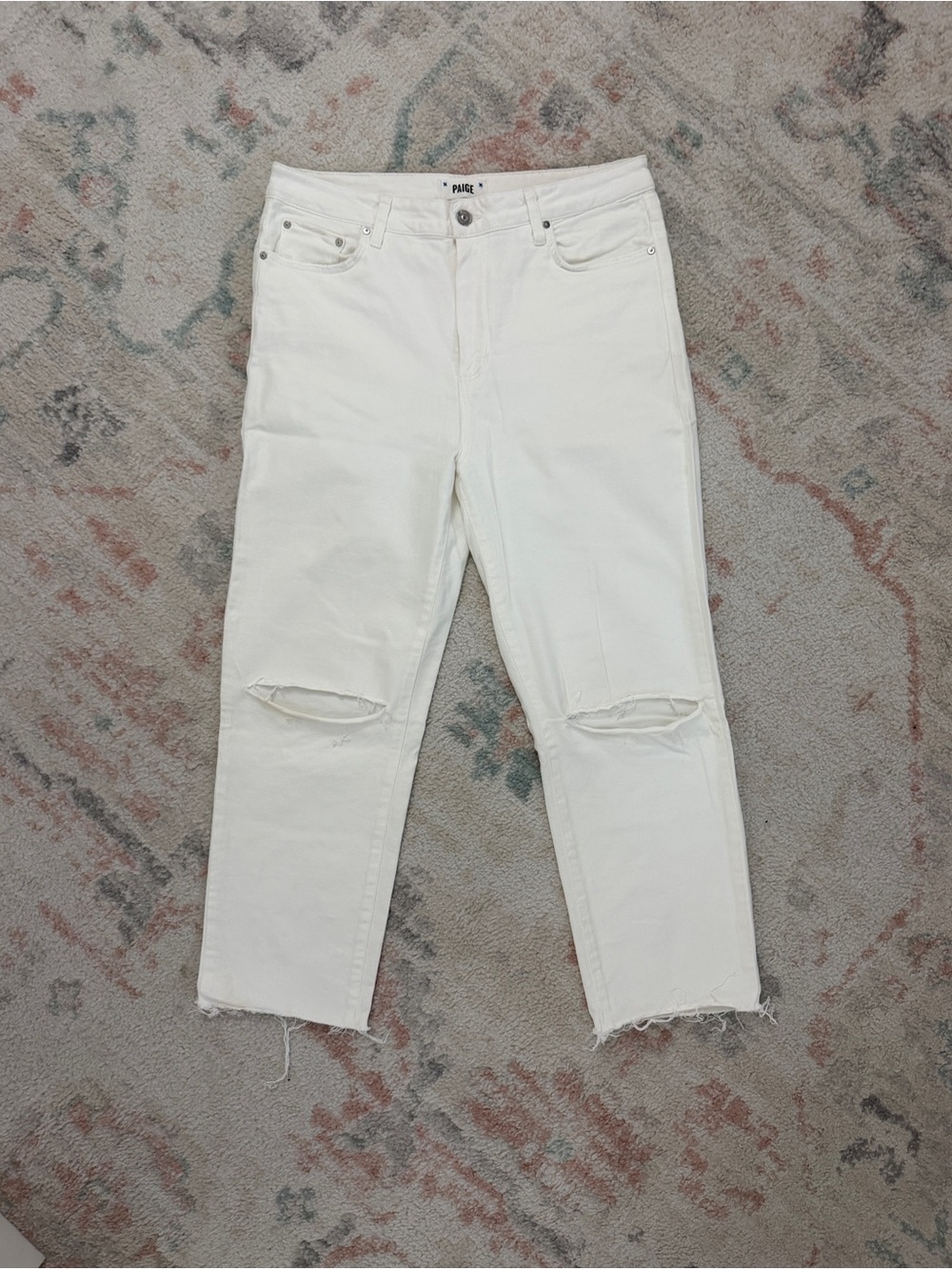PAIGE Stella Crop Distressed Straight Leg Jeans in White, size 31